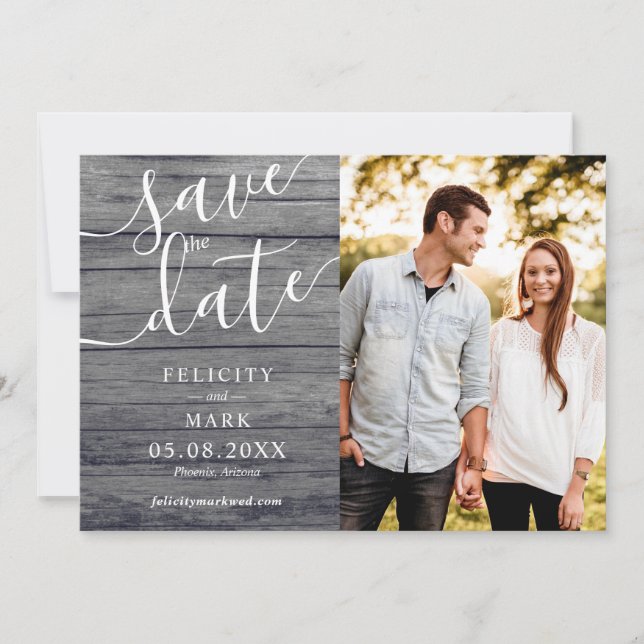 Save The Date Gray Wood Typographie rustique Mariage photo perso (Devant)