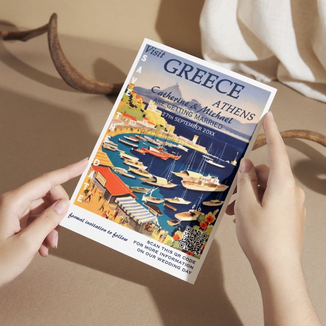 Save The Date Grèce Mariage Voyage Style d'affiche QR Code (Créateur téléchargé)