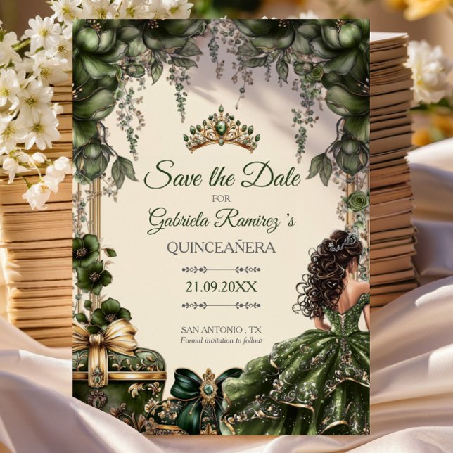 Save The Date Green and Cream Golden Tiara Floral Quinceañera (Créateur téléchargé)