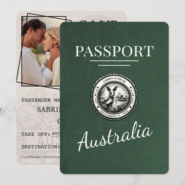 Save The Date Green Australia Passport Enregistrer La Date (Devant / Derrière)