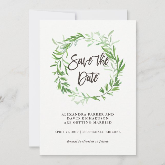 Save The Date Green Botanical Feuilles Wreath Enregistrer la dat (Devant)