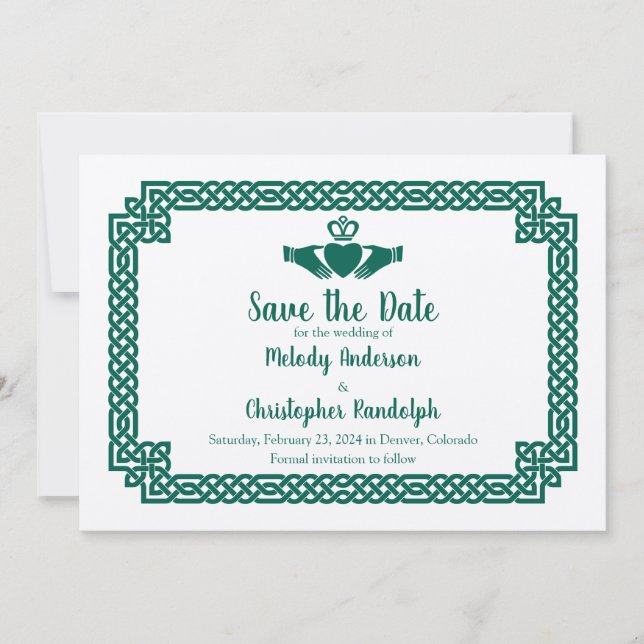 Save The Date Green Celtic Knot Claddagh Mariage Enregistrer la  (Devant)