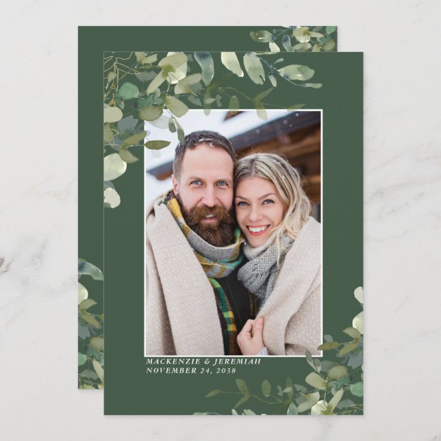 Save The Date Green Eucalyptus Mariage Photo Enregistrer la date (Devant / Derrière)