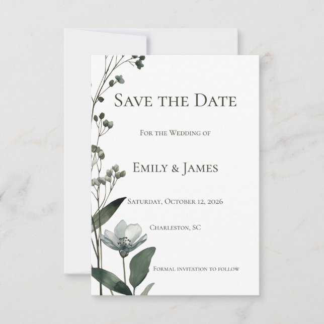 Save The Date Green Floral Botanical Wedding (Devant)