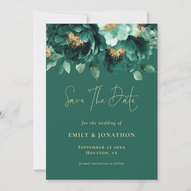 Save The Date Green Gold Florals QR Code Mariage Emerald (Devant)