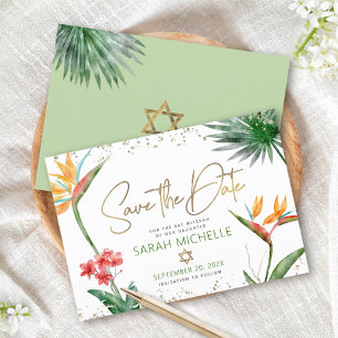 Save The Date Green Gold Tropical Bat mitzvah Floral Palm Modern