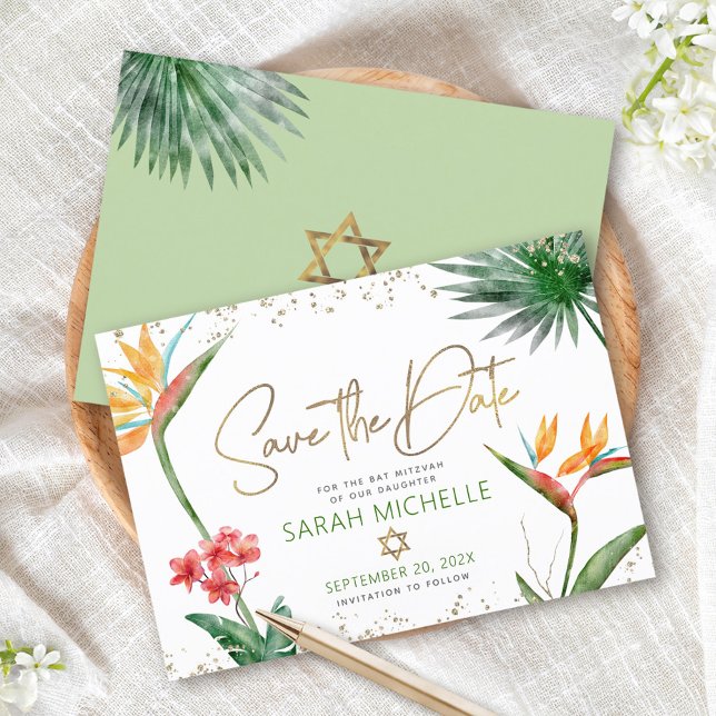 Save The Date Green Gold Tropical Bat mitzvah Floral Palm Modern (Créateur téléchargé)