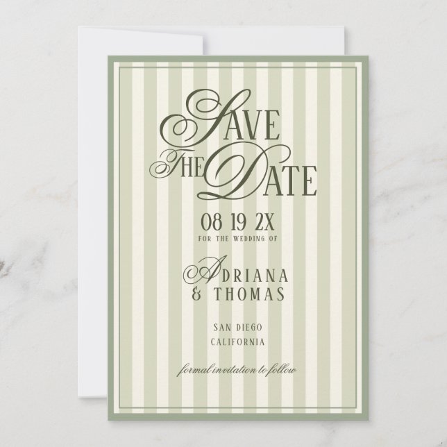 Save The Date Green Ivory Striped Old Money Calligraphy Wedding (Devant)