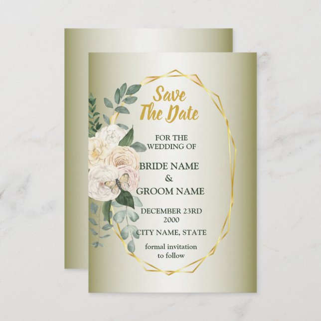 Save The Date Green Leaves Pink Floral Golden Geometric Wedding (Devant / Derrière)