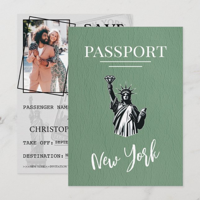 Save The Date Green New York City Passport Enregistrer La Date (Devant / Derrière)