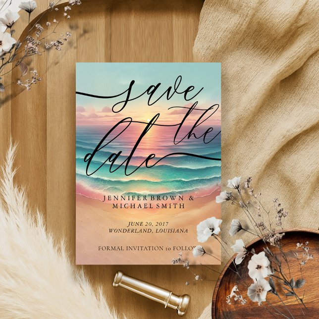 Save The Date Green Ocean Beach Watercolor Signature Sunny (Créateur téléchargé)