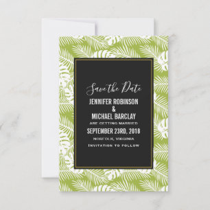 Save The Date Green Palm Leaves Rainforest Pattern
