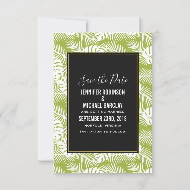 Save The Date Green Palm Leaves Rainforest Pattern (Devant)