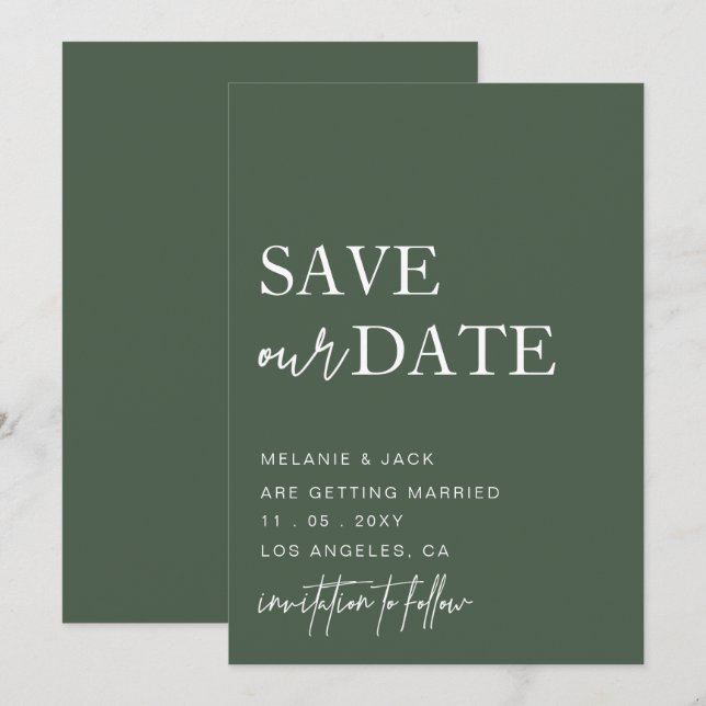 Save The Date Green Simple Calligraphy Enregistrer La Date (Devant / Derrière)
