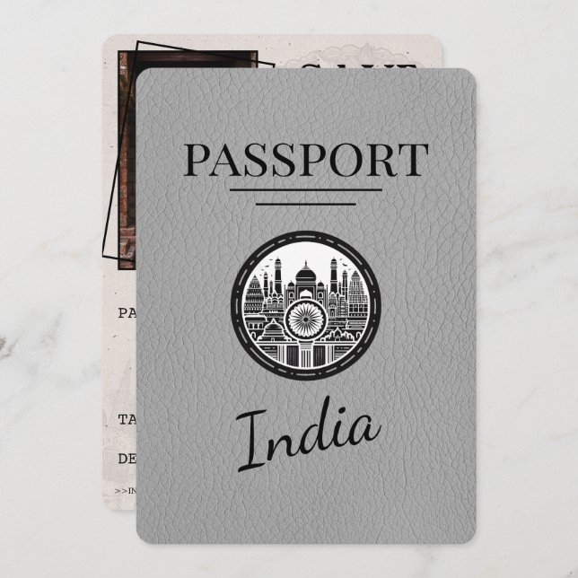 Save The Date Grey India Passeport Enregistrer La Date (Devant / Derrière)