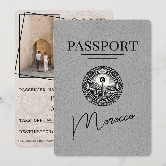Save The Date Grey Maroc Passeport Enregistrer La Date (Devant / Derrière)