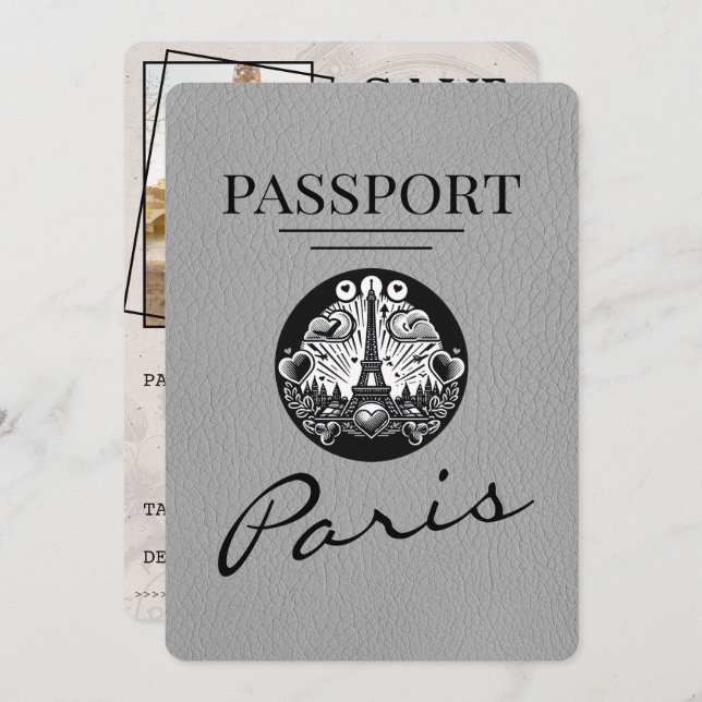 Save The Date Grey Paris Passport Enregistrer La Date (Devant / Derrière)