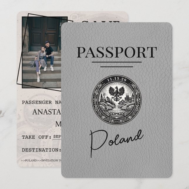 Save The Date Grey Pologne Passeport Enregistrer La Date (Devant / Derrière)