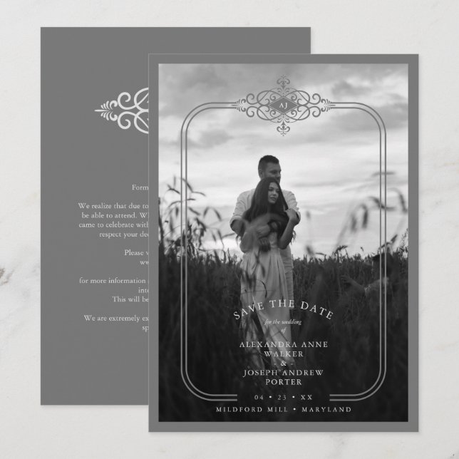 Save The Date Grey Trendy Lace Flourish Initials Wedding Photo (Devant / Derrière)