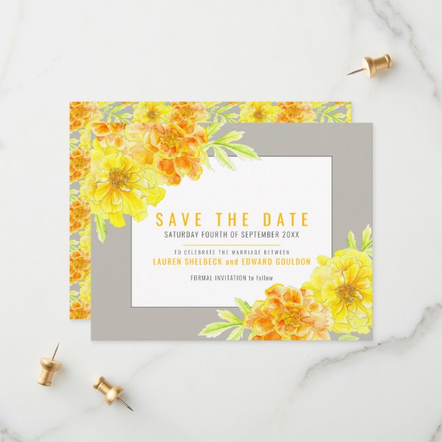 Save The Date Gris avec marigolds jaune aquarelle mariage (Devant/Arrière en situation)