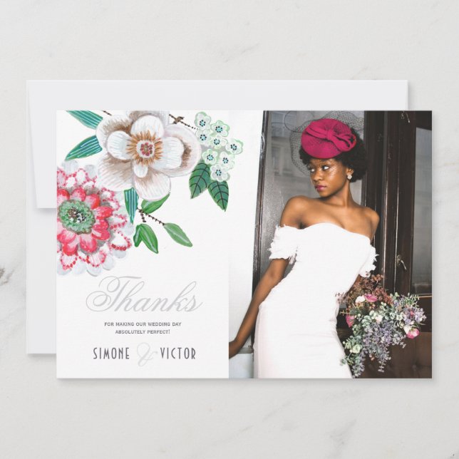 Save The Date Gris botanique vert rose floral Merci (Devant)