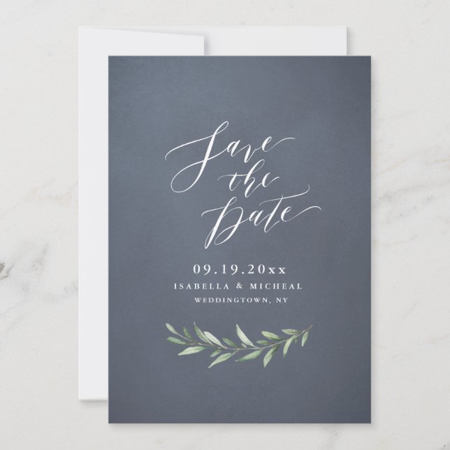 Save The Date Gris calligraphie simple rustique verdure mariage (Devant)