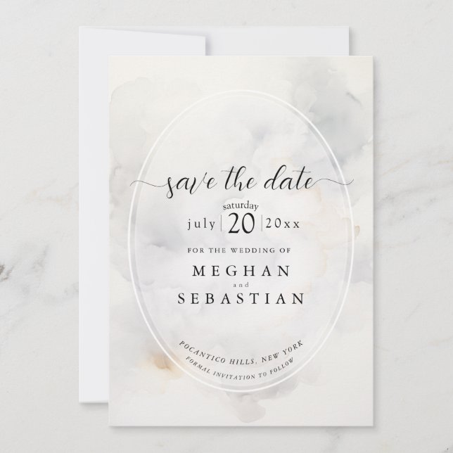 Save The Date Gris élégant et nuages doux doré pâle (Devant)