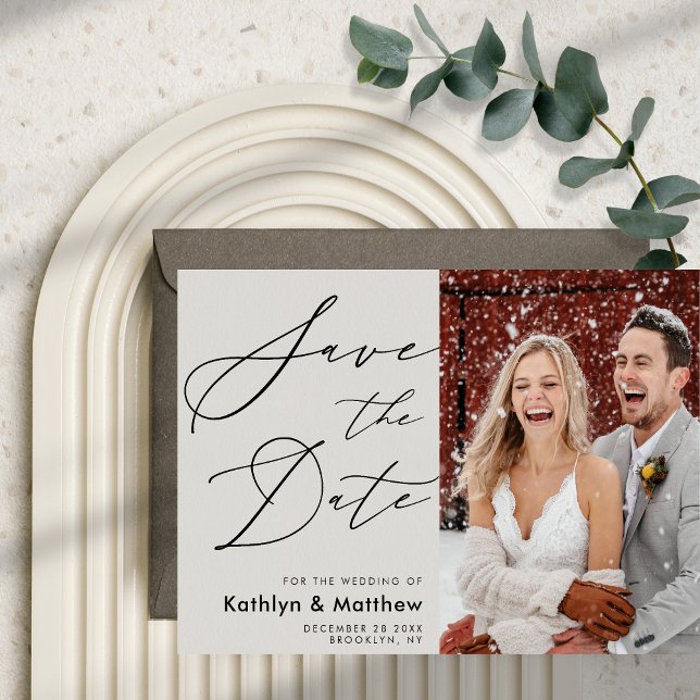 Save The Date Gris Élégant Script Photo moderne Simple Mariage (Créateur téléchargé)