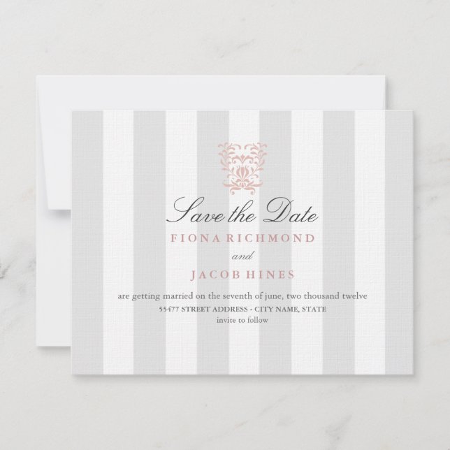 Save The Date Gris Gris Gris Et Pêche Mariage damassé Enregistre (Devant)