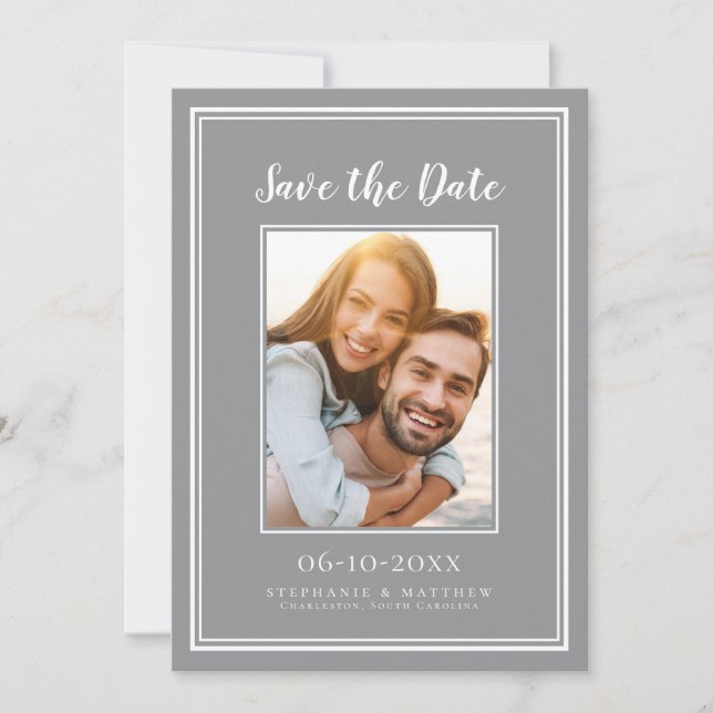 Save The Date Gris Mariage simple Fiançailles photo moderne (Devant)