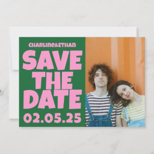 Save The Date Groovy Bold Green Rose Rouge Funky 