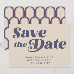 Save The Date Groovy Rétro Années 70 Beige Bleu Marine Simple