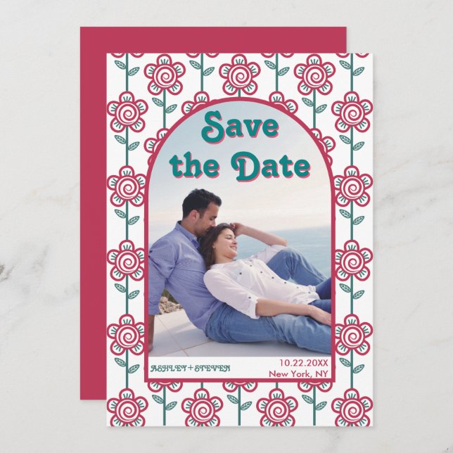 Save The Date Groovymagenta et fleurs turquoises les années 70 p (Devant / Derrière)