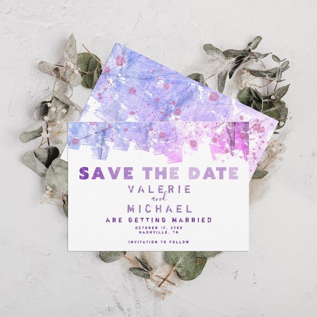 Save The Date Grunge artistique moderne Mariage rose et violet (Créateur téléchargé)