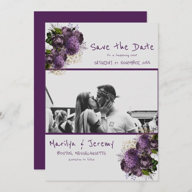 Save The Date Grunge Photo Plat Floral Violet Enregistrer La Car (Devant / Derrière)