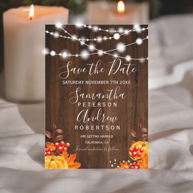 Save The Date Guirlande lumineuse avec citrouille en bois rustiq (Rustic wood pumpkin string lights save the date)