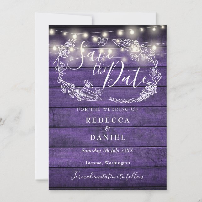 Save The Date Guirlande Lumineuse Violette Rustique Fleurs Maria (Devant)
