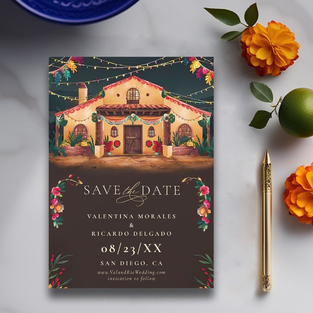 Save The Date Hacienda Mexicaine Rustique Élégant Mariage Fiesta (rancho mexican wedding save the date fiesta hacienda watercolor floral frame elegant modern)