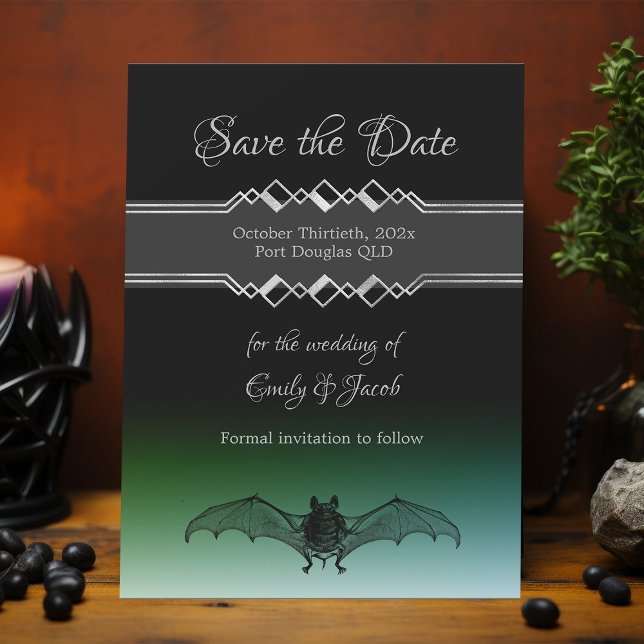 Save The Date Halloween Mariage Noir et Vert Chat gothique Octob (Halloween wedding save the date black and green gothic bat cards)