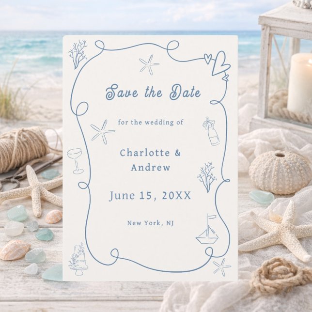 Save The Date Hand drawn coastal beach dusty blue ivory wedding (Créateur téléchargé)