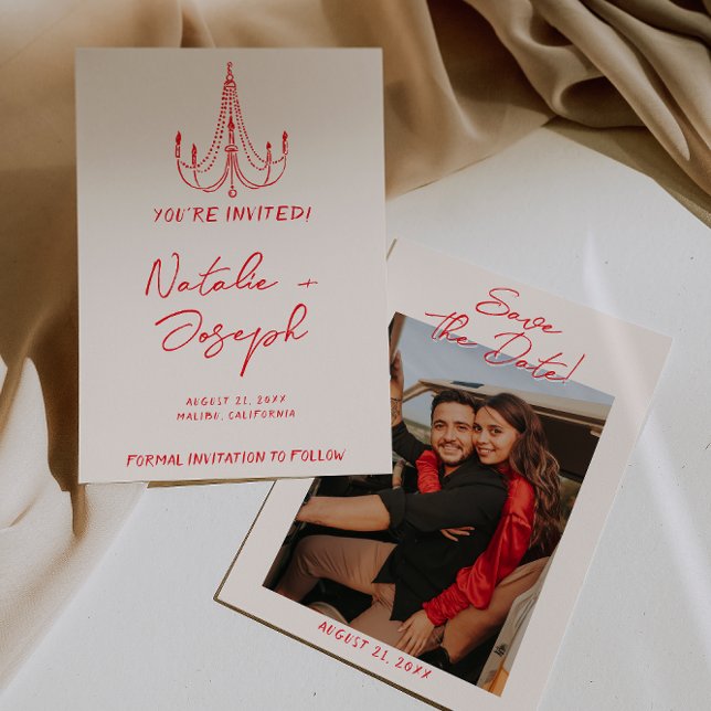 Save The Date Hand Drawn Red Old Money Retro Photo Wedding (Créateur téléchargé)