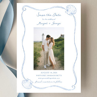 Save The Date Hand Drawn Seashell Simple Blue Coastal Wedding