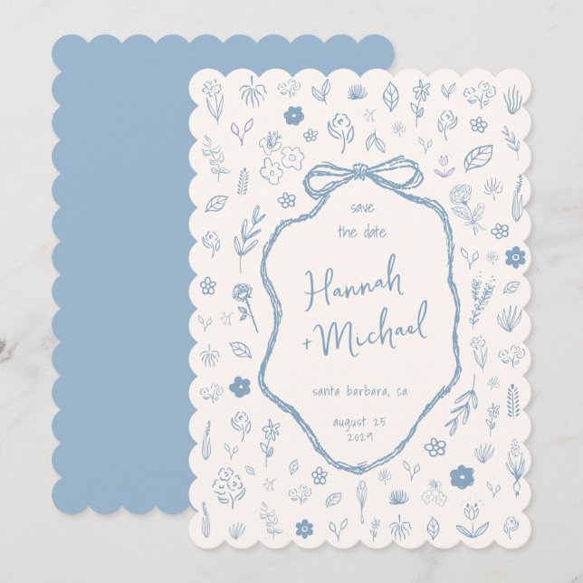 Save The Date Hand Written Drawn Blue Flowers Winter Wedding (Devant / Derrière)
