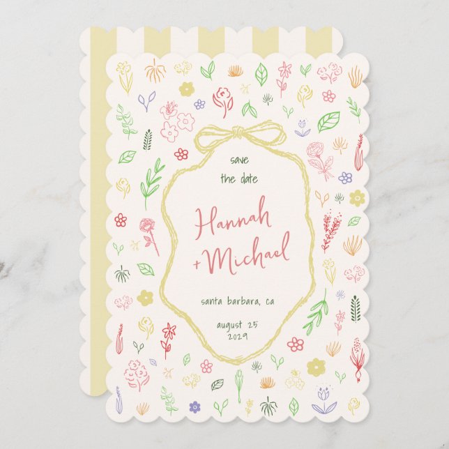 Save The Date Hand Written Drawn Pastel Flowers Spring Wedding (Devant / Derrière)