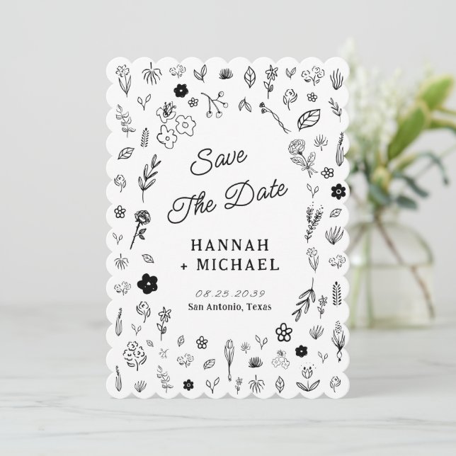 Save The Date Hand Written Drawn Sketch Flowers Wedding (Debout devant)