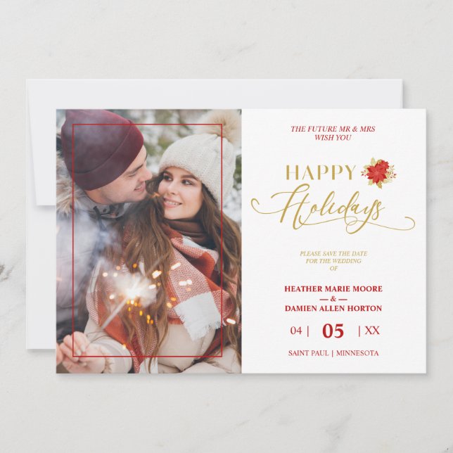 Save The Date Happy Holidays Poinsettias Wreath Photo Wedding (Devant)