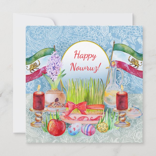 Save The Date Happy Norooz Haft Sin avec drapeaux Lion et Soleil (Devant)
