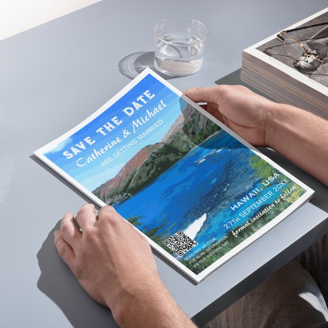 Save The Date Hawaii Beach Wedding Travel Poster Style QR Code (Créateur téléchargé)