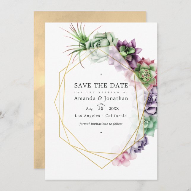Save The Date Herbarium Géométrique Succulents Mariage de jardin (Devant / Derrière)