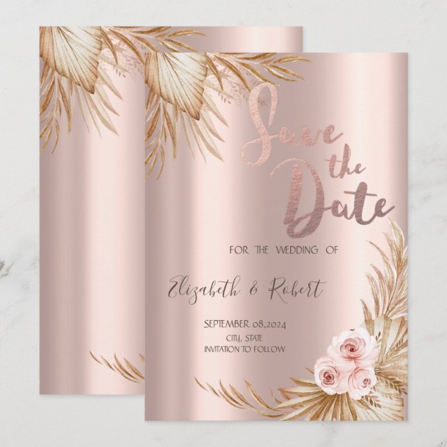 Save The Date Herbe de Pamapas Luxe Rose Doré Enregistrer La Dat (Devant / Derrière)